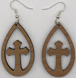 Tear Drop Wooden Fancy Cross Earrings